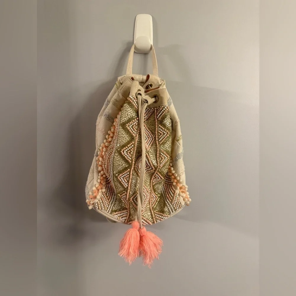 America & Beyond Beaded Mini Backpack Boho Tassel Bag